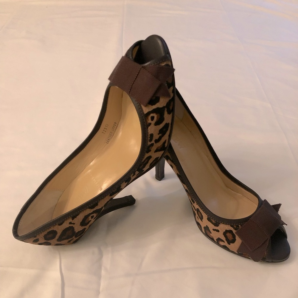 J Crew Isabella 6 1/2 Ocelot Leopard Peep-toe Pony Heels